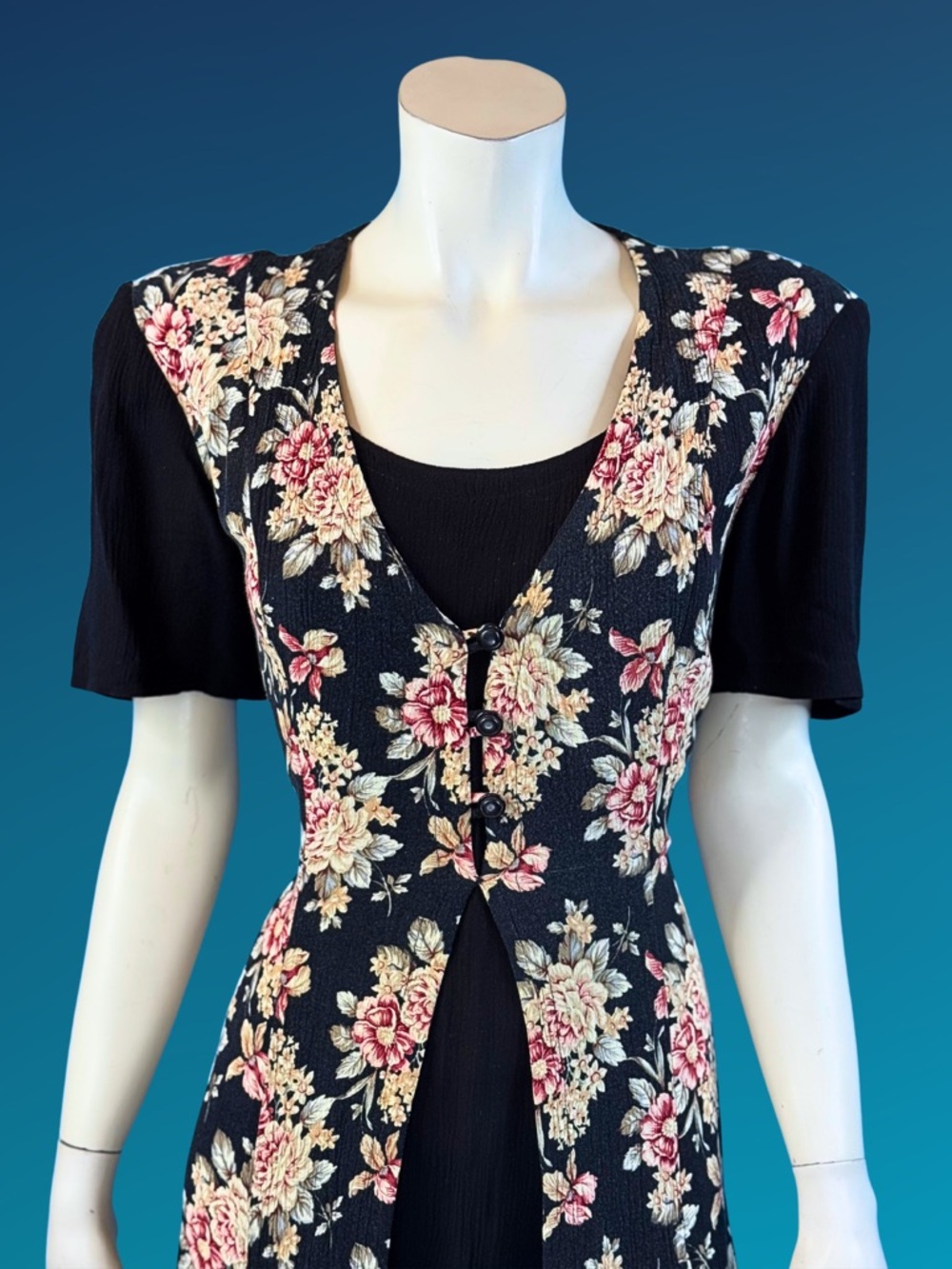 90s Dark Floral Cottagecore Rayon Button front Grannycore Grunge Dress / M L - Picture 2 of 10
